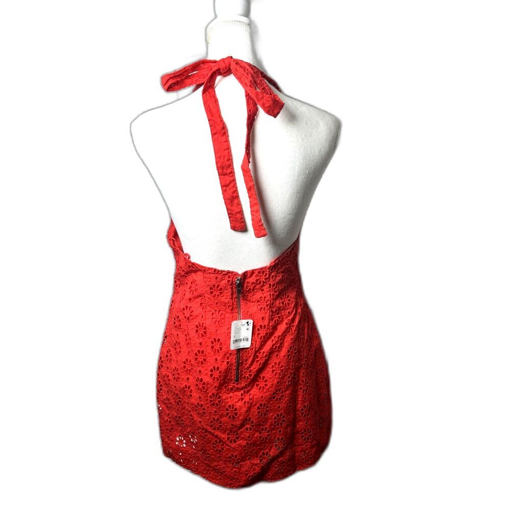 Free People Embroidered Halter 100% Cotton Red Trevi Eyelet Mini Dress Sz L NWT - Picture 6 of 7